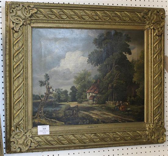 English School (19C), oil on canvas, figures in a landscape with cottage
